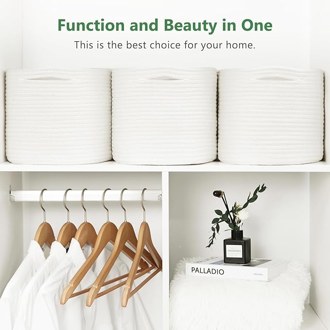 ECDYQXVU Cotton Rope Storage Basket, 15x10x9 Inches, Woven Basket for Shelves, Clothes, Towels, Books, and Laundry, White (3 Pack) - Image 6