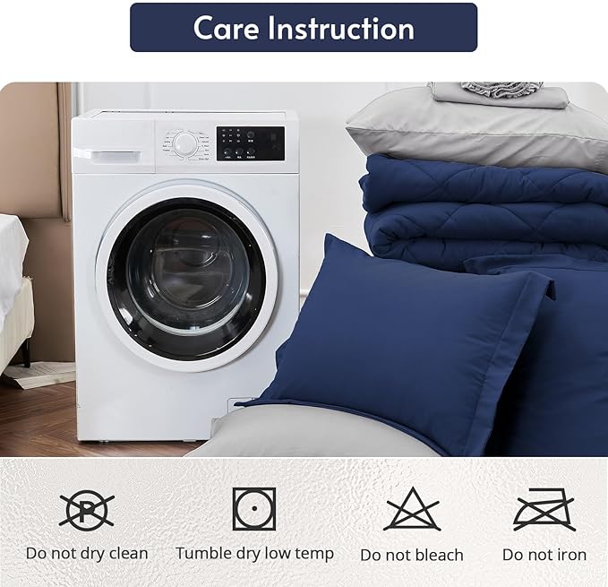 MUXHOMO 7 Pieces King Comforter Set, Reversible Bed in a Bag King Size, All Season Bedding Set with Comforter, Flat Sheet, Fitted Sheet, Pillowcases & Shams, Navy & Light Grey