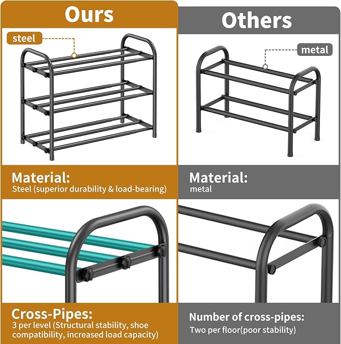 Hleelomi 3-Tier Expandable Shoe Rack,Adjustable Shoe Shelf Storage Organizer Heavy Duty Metal Free Standing Shoe Rack for Entryway, Closet,Living Room,Dorm,Black - Image 3