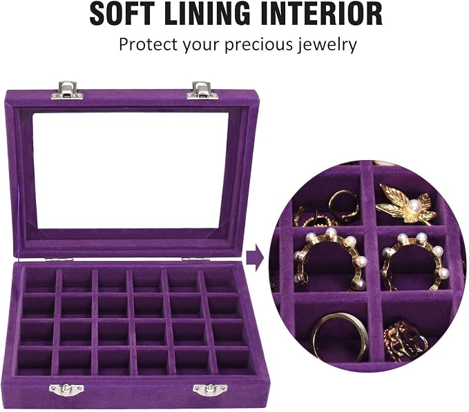 Vicoter Velvet Jewelry Box 24 Grid Jewelry Ring Display Organiser Box Tray Holder Earrings Storage Case for Girls Wife Mom Women (Purple) - Image 3