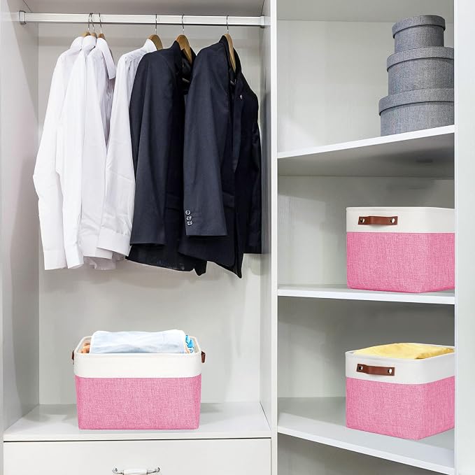 Bagnizer Storage Bins Large Fabric Storage Baskets for Shelves 3 Pack, Decorative Linen Closet Baskets with Handles for Organizing, Shelf, Clothes, Home, Office, 15x11x9.5Inches (Pink&White) - Image 2