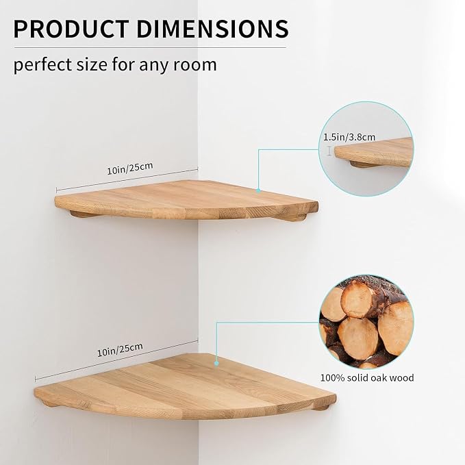 Corner Shelves, Floating Corner Shelf, Set of 2 10inch Solid Oak Wood Corner Wall Shelves, Round End Wall Mount Display Shelf with Wire Hole for Bedroom Kitchen, Living Room - Image 6