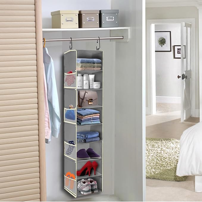 2 Pack Large-Sized Hanging Shoe Organizer 8-Shelf, Hanging Closet Organizer with 8 Side Pockets, Wider Hanging Shelves for Storage Shoes Clothes 9" W × 11.8" D× 48" H, Grey. - Image 2