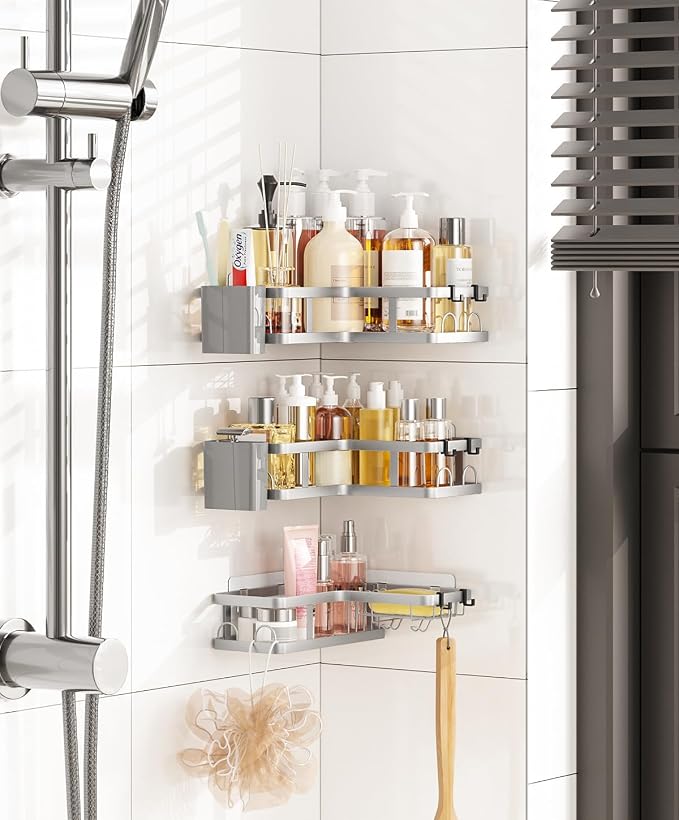 3 Pack Corner Shower Caddy Organizer, Rustproof Corner Shower Shelves, No Drilling Bathroom Corner Shelf with Hooks and Toothpaste Holder - Image 6