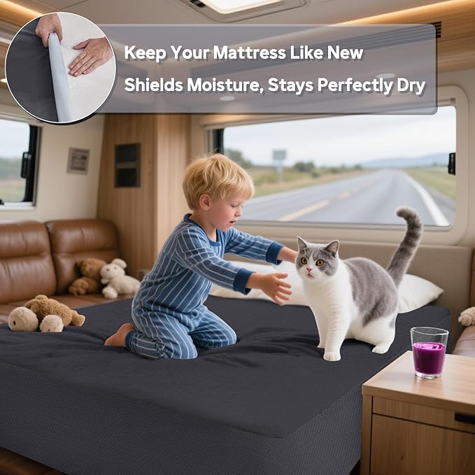 RV Short Queen Mattress Protector, Waterproof Mattress Cover with 14" Deep Pocket Bed Cover, Fitted Sheet Style Noiseless Breathable Machine Washable, Dark Gray (60'' X 75'')