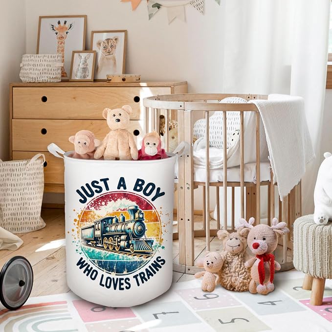 Just a Boy Who Loves Trains Laundry Basket, Toybox for Boys, Gifts for Train Lovers Enthusiasts Laundry Hamper Waterproof Collapsible Storage Bin Organizer for Bedroom Bathroom Dorm Clothes Toys - Image 2