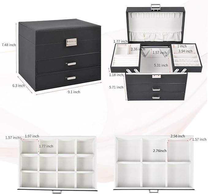 Dajasan Jewelry Organizer Box, Large Jewelry Boxes for Women Girls, Space-Saving 4 Layers Jewelry Storage Case with Drawer, Movable Metal Stand, Modern, Gift Idea (Black + Silver) - Image 3