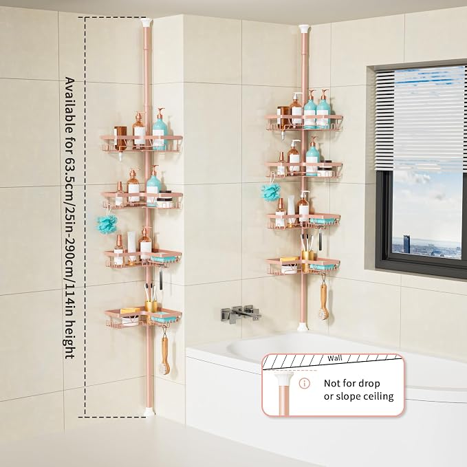 KEGII Corner Shower Caddy Tension Pole - 4-Tier Rustproof Bathroom Organizer, Floor to Ceiling Shower Caddy 25-114.2 inch, No Drilling Shower Storage Rack for Shampoo, Towels (Blush Nude) - Image 6