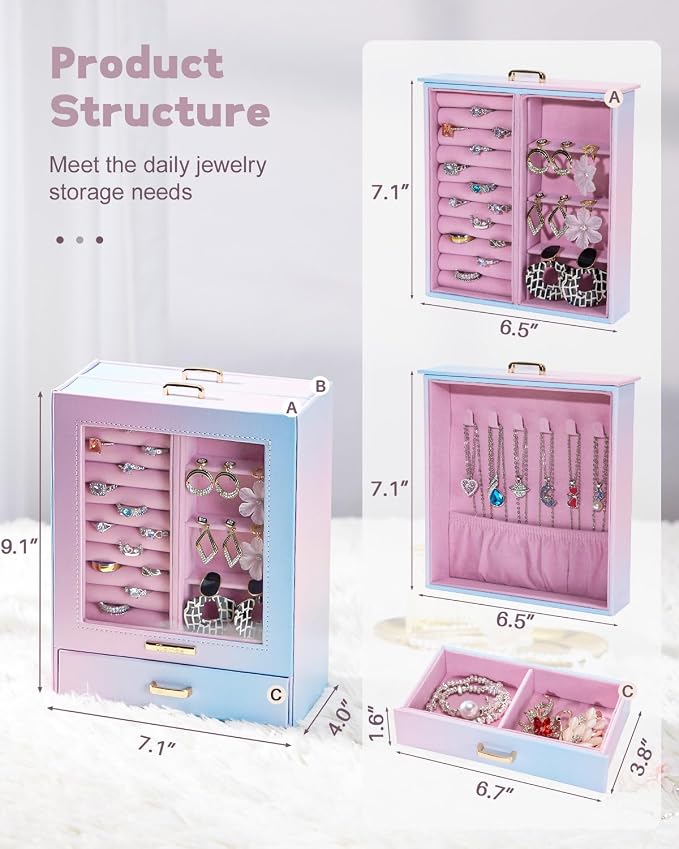 Homde Jewelry Organizer Girls Women Jewelry Box for Necklaces Rings Earrings Gift Bracelets Storage Case (Blue - Pink Gradient + Gold) - Image 3