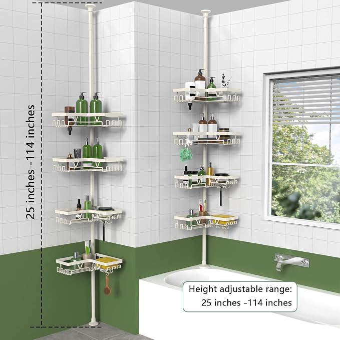 KEGII Shower Corner Caddy Tension Pole, Rustproof Corner Bathroom Organizer, No Drilling Bathtub Shelf for Inside Shower, Waterproof Bathroom Tub Organizer, Fits 25-114.2 Inch Height, Cream White - Image 6