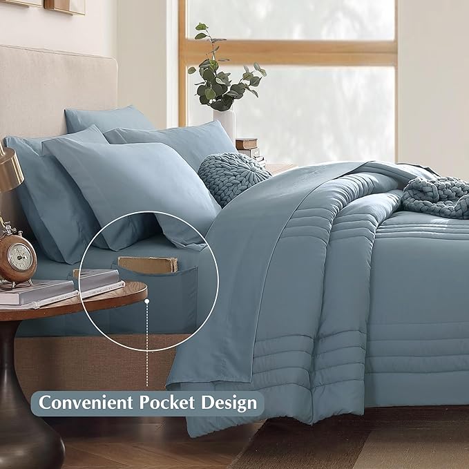 Monbix Full Comforter Set - 7 Pieces Dusty Blue Bed in a Bag Full Size Bedding Sets with Comforters, All Seasons Comforter with Sheets, Pillowcases & Shams