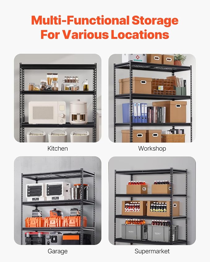 VEVOR Storage Shelves, 3000 lbs, 5 Tier Heavy Duty Garage Shelving, 20" D x 48" W x 72" H Adjustable Metal Shelves for Industrial Shelving Unit Utility Shelf, for Kitchen, Warehouse, Basement, Black - Image 8