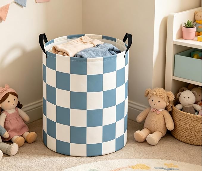 Baby Laundry Basket Baby Nursery Hamper Kids Laundry Basket Toy Storage Bin for Boys Room Decor Gift Baskets for Bedroom Bathroom(Blue Checkered) - Image 3