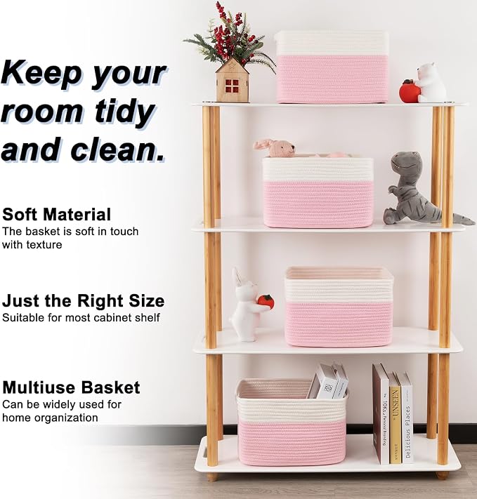 4 Pack Storage Baskets for Organizing, Woven Baskets for Shelves - Perfect for Toys, Books, Towels, and Clothes, Durable Gift Basket Bins Toy Storage, 12.7''Lx9''Wx7.8''H, Pink & White - Image 3