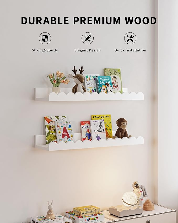 Shario Nursery Book Shelves, 8-Pack White Floating Shelves for Wall Kids, Scalloped Shelves, Wall Book Shelves for Bedroom Kids, Toddler Room, Baby Room, Nursery Decor - Image 3