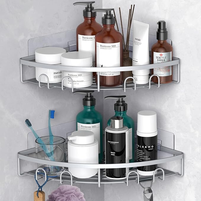 Corner Shower Caddy, 2 Pack Adhesive Bathroom Shower Corner Organizer Shelf, No Drilling Rustproof Wall Mounted Shower Storage Rack Shampoo Holder Organizer (Silver) by Kerisgo