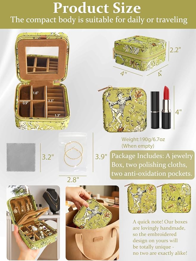 Small Travel Jewelry Box for Women - Mini Personalized Jewellery Organizer with Mirror|Cute Portable Jewelry Case Necklace Earring Ring Compact Storage Holder Birthday Gifts for Mom Bridesmaid (Green) - Image 2