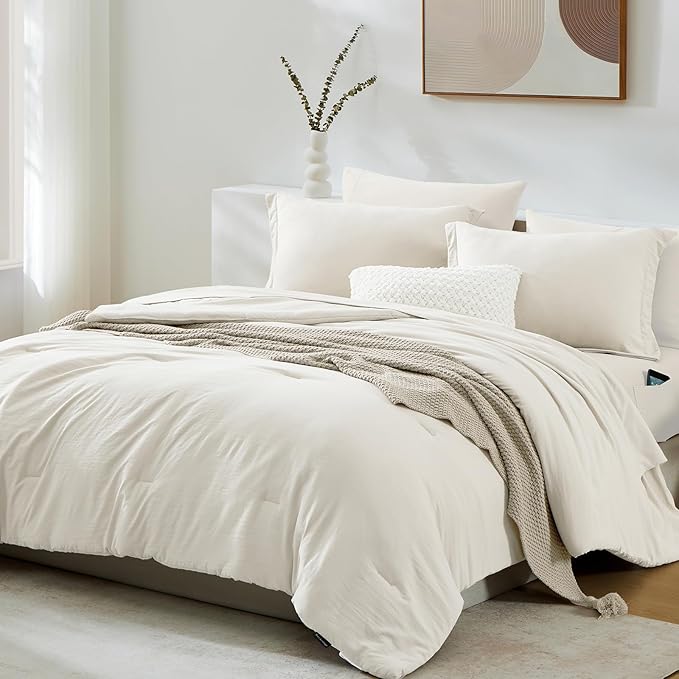 WRENSONGE King Comforter Set, 7 Pieces White Soft Bed in a Bag King with Fitted Sheet, Flat Sheet, 2 Pillow Shams, and 2 Pillowcases- Warm Bedding Set for All Season