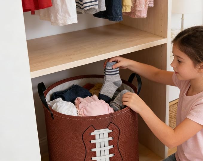 Kids Laundry Basket Football Hamper for Nursery Hamper Cute Kids Storage Bin Room Decor for Home(Football) - Image 4