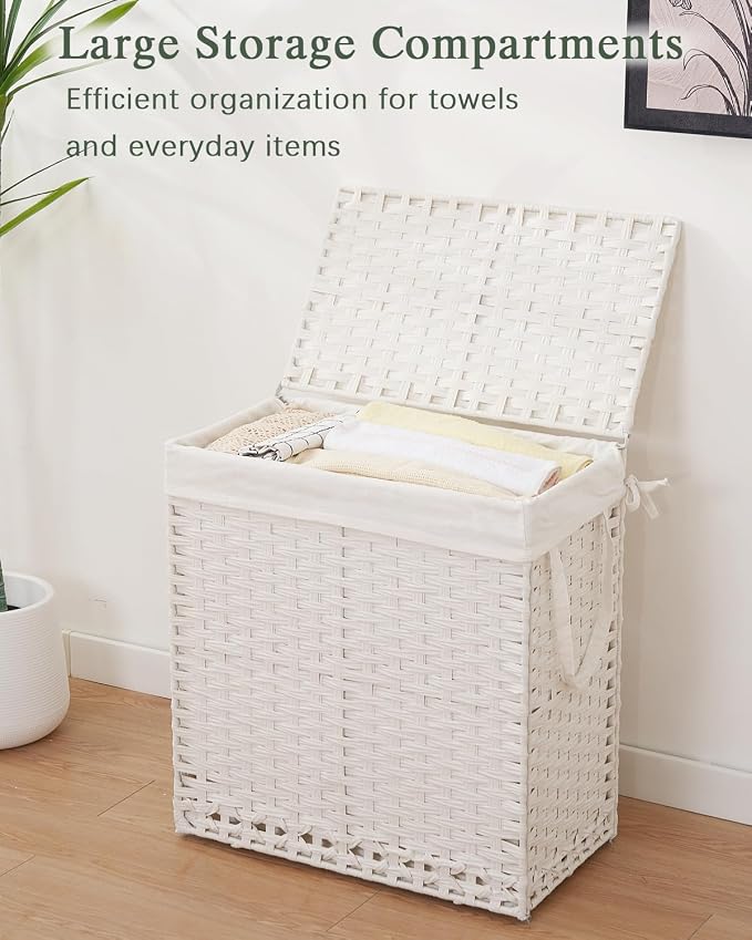 SETVSON Laundry Hamper with Lid Wicker Laundry Basket 112 L (29.6 Gal) Laundry Hampers Handwoven Rattan Clothes Hamper with Handles 3 Removable Liner Bag, 6 Mesh Bags for Bathroom Bedroom White - Image 4