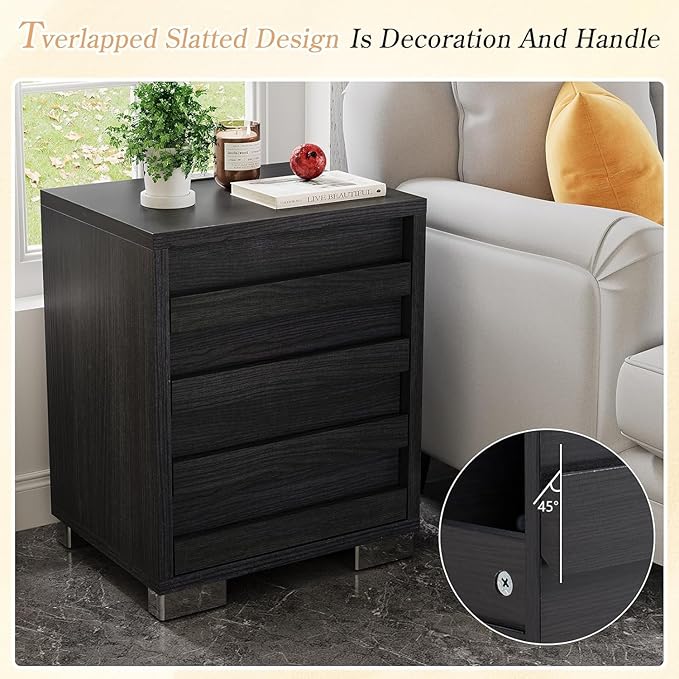 LUXOAK 3 Pcs Bedroom Furniture Sets - Includes Farmhouse King Size Bed Frame with 49" Tall Headboard and Nightstand Sets of 2 with Charging Station, Slated Handles & Stainless Steel Feet, Black