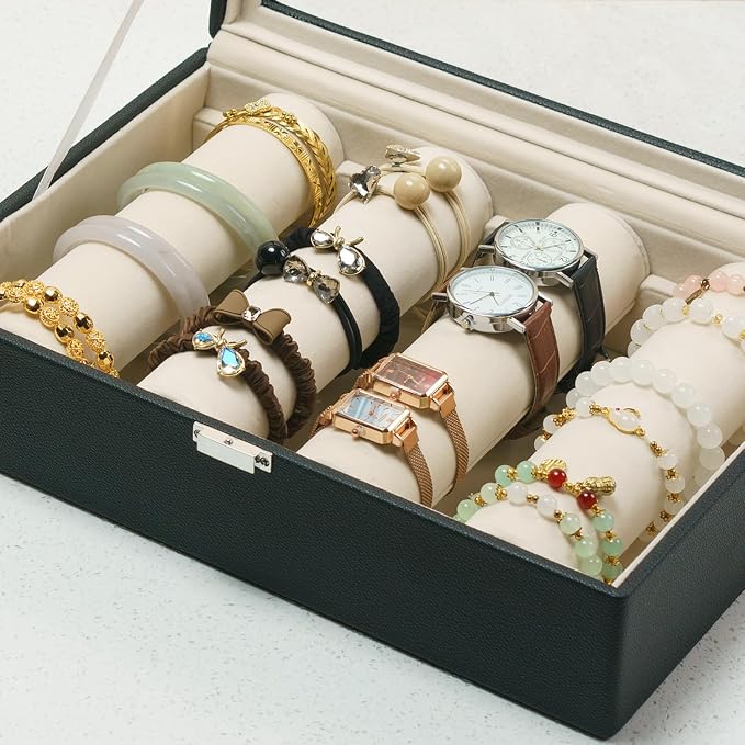 Bracelets Organizer Rods Bangles Display Holder, Clear See through Lid Leather Velvet Jewelry Storage Box Case for Women, 4 Rods Black Leather - Image 9