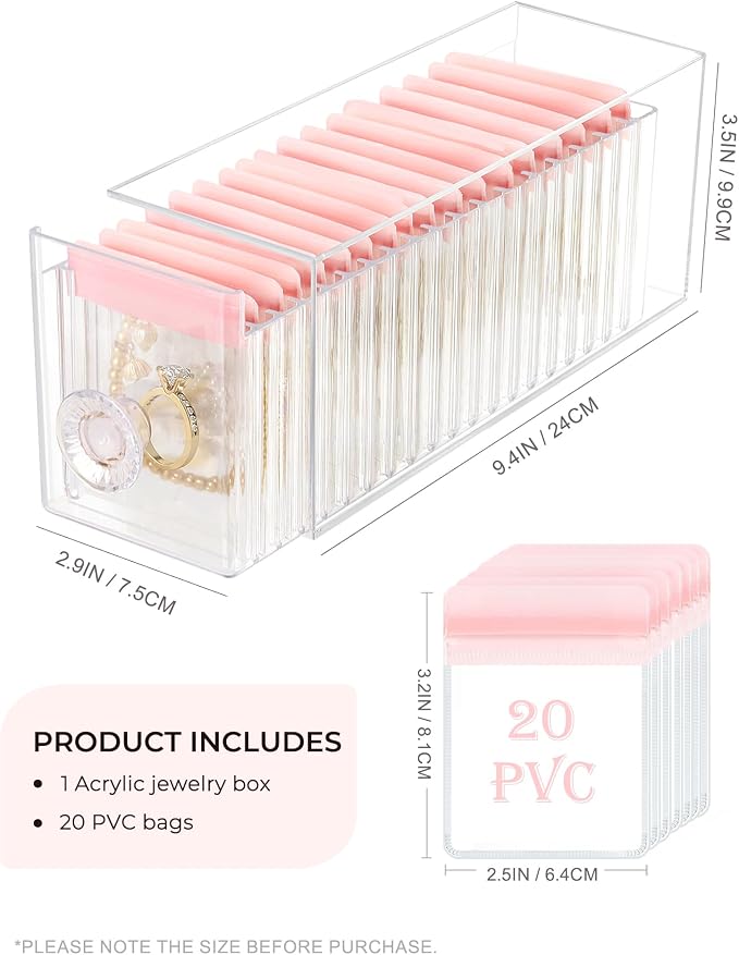 HOMEHIVE Clear Acrylic Jewelry Organizer Box with 20 Portable Pouches, Jewelry Storage Case for Women Girls, Tangle-Free, Anti-Tarnish, Compact Storage for Necklaces/Earrings/Rings, Upgraded Pink - Image 4