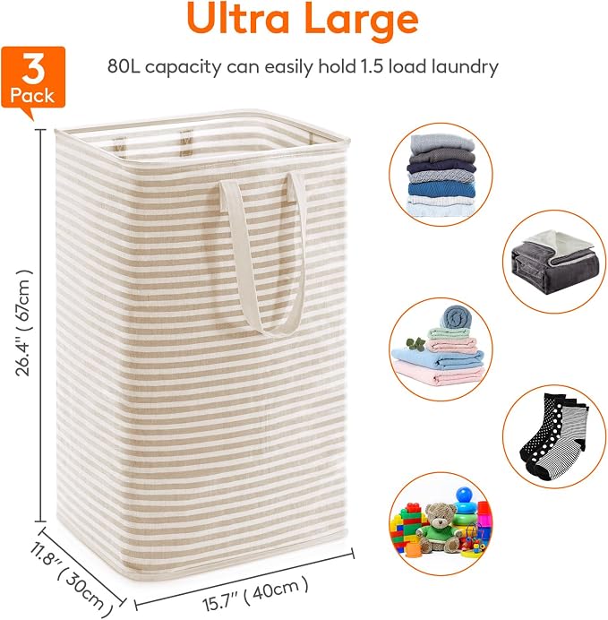 Lifewit 3 Pack Laundry Basket 80L Each, Collapsible Clothes Hamper with Reinforced Handles, Freestanding Waterproof Design for Bedroom and Laundry Room, Beige 240L Total - Image 2