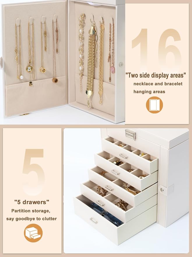 BOOVO Jewelry Box For women, 6 Layer Large Jewelry Organizer With Mirror, Multi-Function Storage Box With Lock, Accessory Holder With 5 Drawers, For Earrings Necklace Ring Bracelet (Pearl White) - Image 2