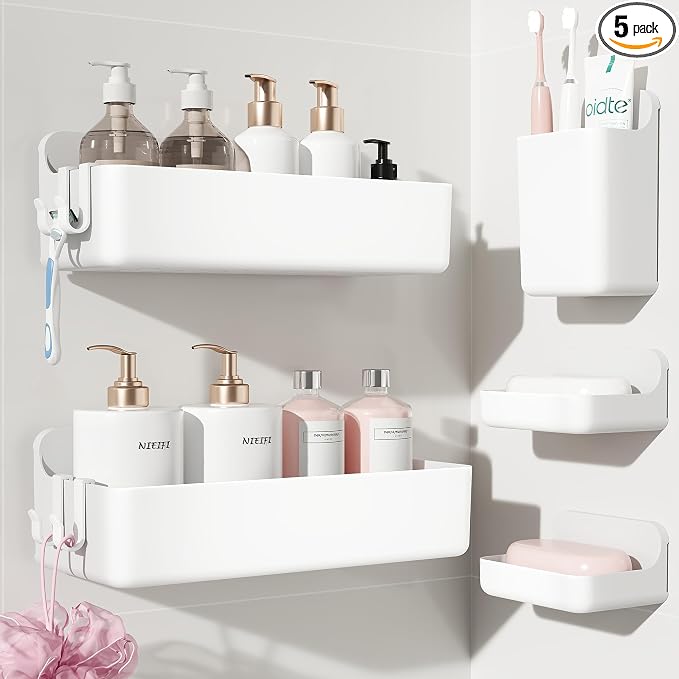 Nieifi Adhesive Wall Shelf, Shower Shelves 5 Pack with Soap Holder, Shower Organizer for Bathroom Organization, White by Nieifi