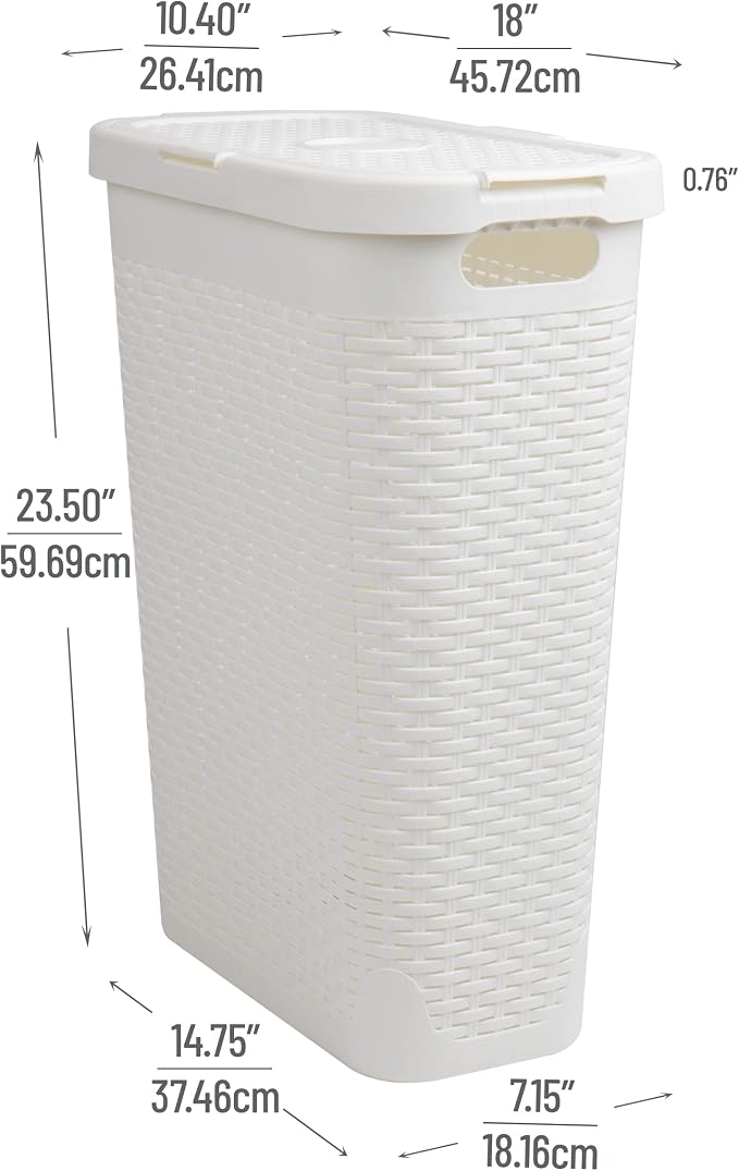 Mind Reader Slim Laundry Hamper with Lid, 40L Clothes Basket, Narrow Tapered Design with Ventilated Cutout Pattern, Plastic, Set of 2, White - Image 3