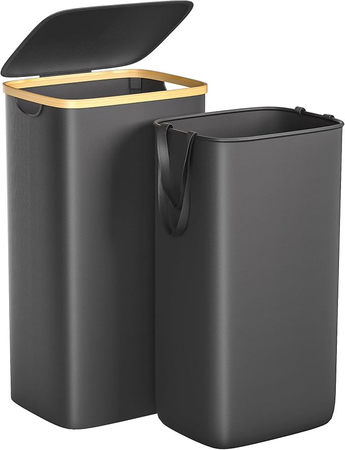 Foluck Large Laundry Hamper, 100L Waterproof Laundry Basket with Lid and Removable Bag, Collapsible Tall Clothes Hamper with Bamboo Handles for Clothes Toys in Dorm Bedroom Bathroom, Black by Foluck