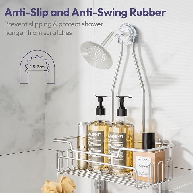 SWTYMIKI Bathroom Shower Caddy Hanging - 3 Tier Rustproof Over Shower Head Organizer, No Drilling Bathroom Shelf with 16 Hooks & Soap Holder, Anti-Swing Rack, Sand Nickel - Image 4