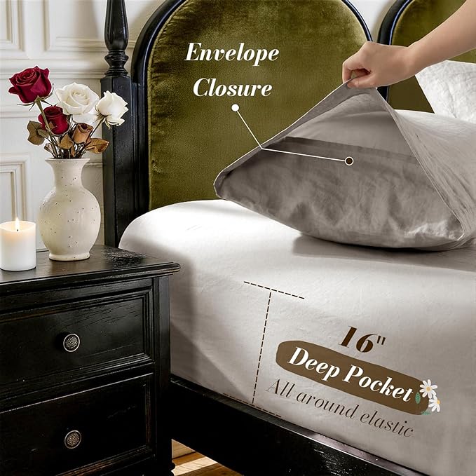 SONORO KATE 100% French Pure Linen Sheets, Breathable and Durable Queen Size Sheets, 16 Inch Deep Pocket - 4 Piece (Mauve Brown)