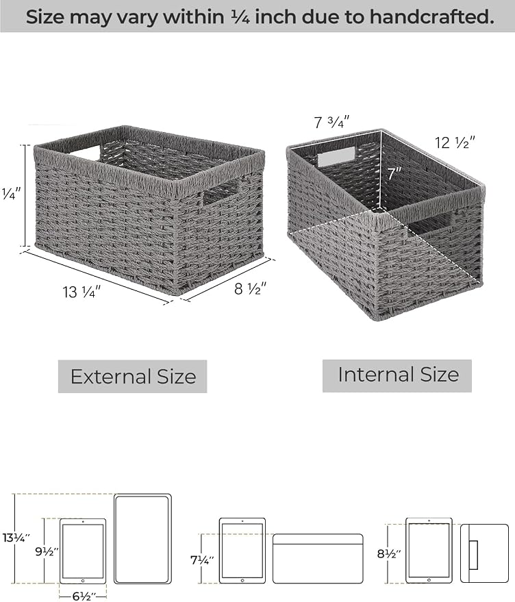 StorageWorks Round Paper Rope Storage Baskets, Rectangular Wicker Baskets with Built-in Handles, Gray, 2-Pack - Image 2