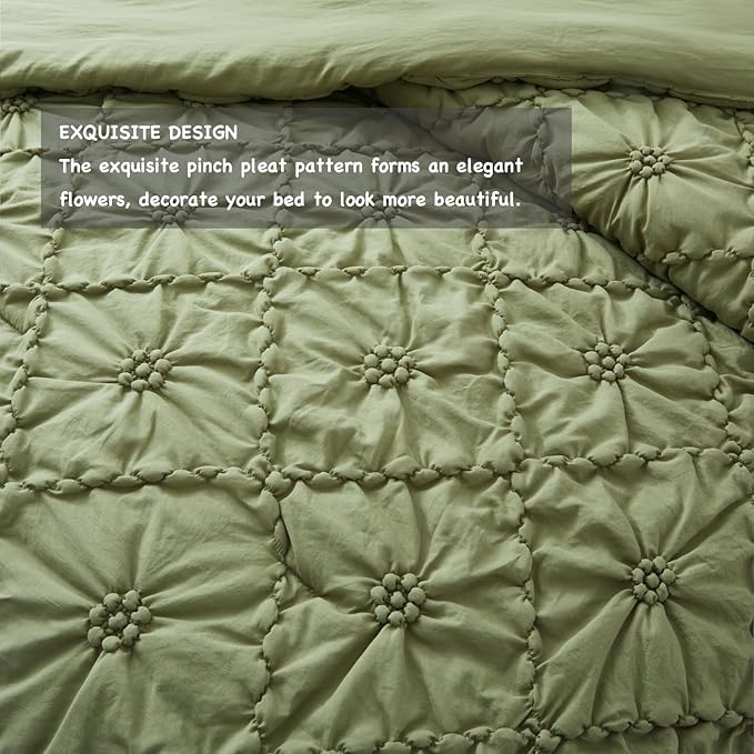 BEDAZZLED King Size Comforter Sets, Green Bedding Comforter Set, 3 Pieces Pinch Pleat Bedding Sets with Comforter and Pillowcases Soft Farmhouse Shabby Chic Comforter for All Season