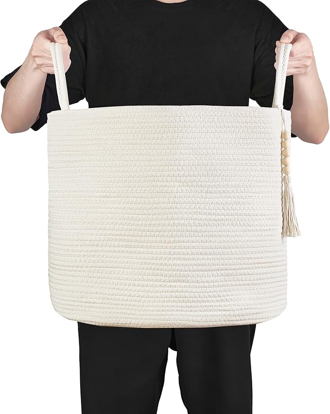 Mkono Woven Storage Basket Decorative Natural Rope Basket Wooden Bead Decoration for Blankets,Toys,Clothes,Shoes,Plant Organizer Bin with Handles Living Room Home Decor, White, 16" W × 13.8"L - Image 6