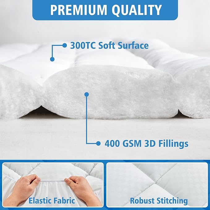 Twin XL Mattress Pad Cover for College Dorm, Cooling Mattress Topper for Twin Extra Long Bed with 6-21 inches Deep Pocket, 39x80 Inches, White