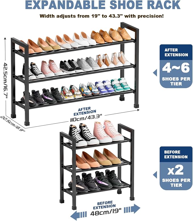 Mavivegue 19“- 43” Adjustable Shoe Rack, 3 Adjustable Length, 3 Tier Expandable Shoe Rack for Closet, Entryway, Shoe Shelf, Black - Image 3