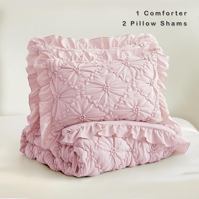 BEDAZZLED Queen Size Comforter Sets, Pink Bedding Comforter Set, 3 Pieces Pinch Pleat Bedding Sets with Comforter and Pillowcases Soft Farmhouse Shabby Chic Comforter for All Seasons