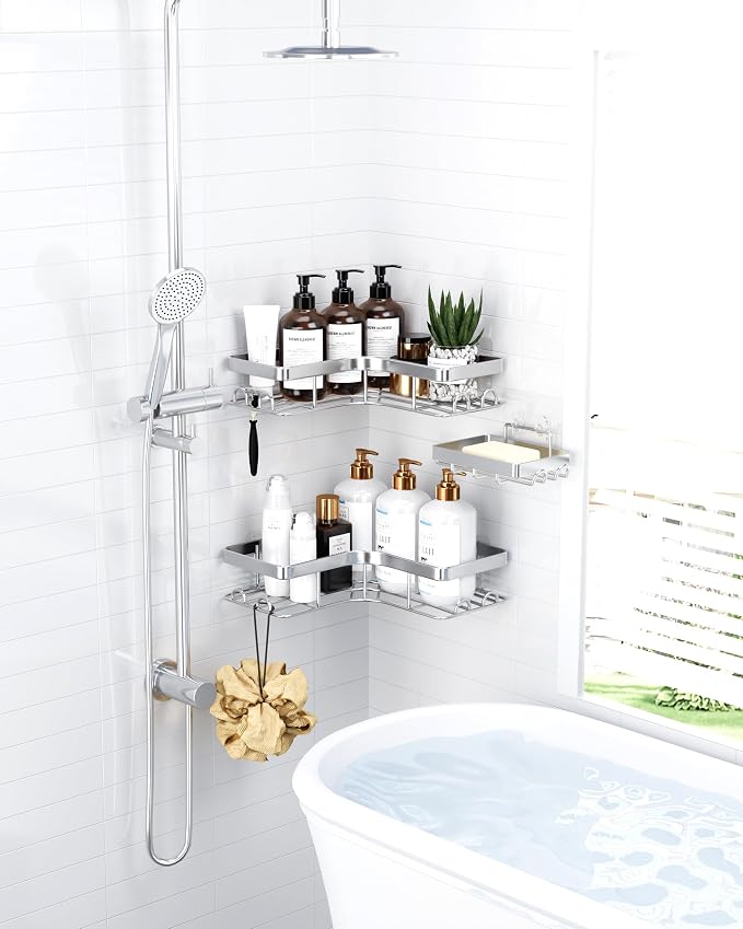 Sakugi Corner Shower Caddy - 3-Pack Shower Organizer with Soap Holder & Built-In Hooks, Rustproof Metal Shower Shelves, Laundry, Kitchen, Bathroom Organizers and Storage Solution, Large, Silver - Image 3