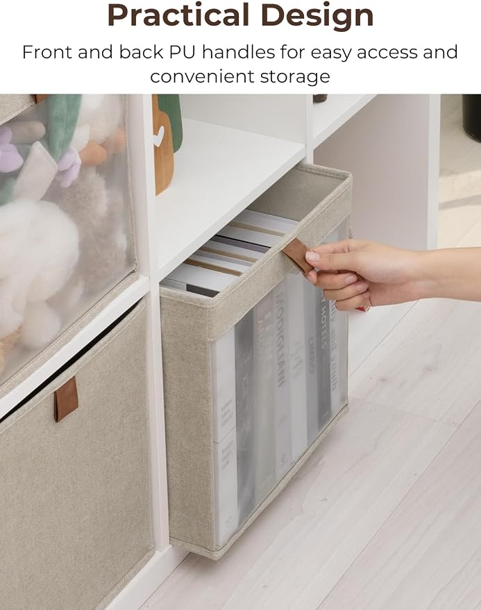 StorageWorks 11x11 Storage Cubes, Closet Storage Bins with Clear Window, Fabric Organizer for Clothes, Collapsible Storage Baskets with PU Handles, Brown and Beige, 3-Pack - Image 4