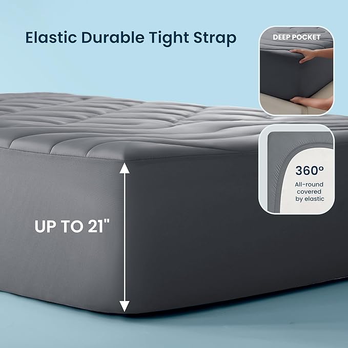 Sleep Zone Cooling Mattress Pad California King, Support Mattress Topper, Breathable and Soft Mattress Protector, Deep Pocket Bed Cover, Machine Washable (Dark Grey, California King)