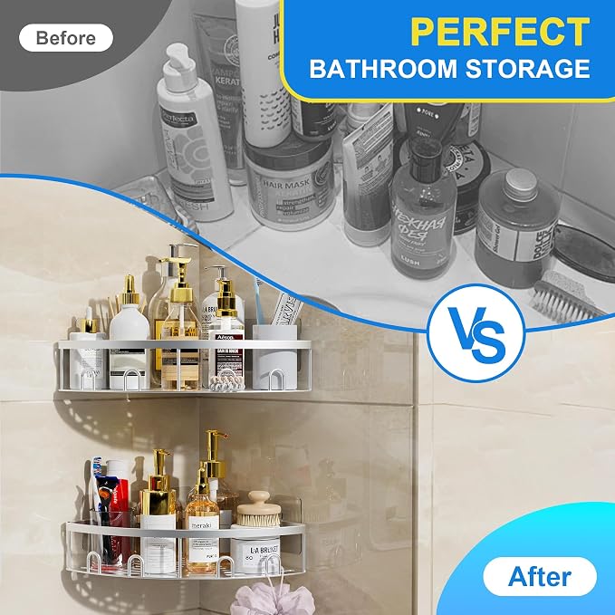 Corner Shower Caddy, 2 Pack Adhesive Bathroom Shower Corner Organizer Shelf, No Drilling Rustproof Wall Mounted Shower Storage Rack Shampoo Holder Organizer (Silver) - Image 2