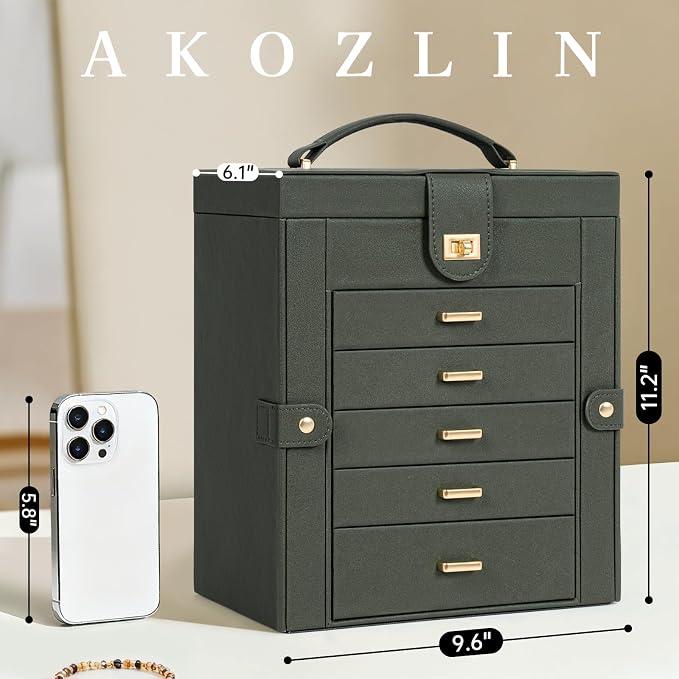 AKOZLIN 6-Tier Jewelry Box Organizer Functional 5 Drawers Leather Jewelry Storage Case for Women Girls Ring Necklace Earring Bracelet Holder Organizer with Mirror Dark Green - Image 3