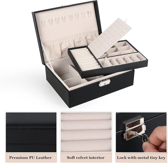 Jewelry Box for Women Girls, 2 Layers Jewelry Organizer Container with Lock, PU Leather Storage Case with Removable Tray, Jewelry Display Box for Necklaces Earrings Bracelets Rings Watches - Black - Image 4