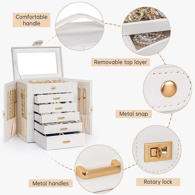 AKOZLIN 6-Tier Jewelry Box Organizer Functional 5 Drawers Leather Jewelry Storage Case for Women Girls Ring Necklace Earring Bracelet Holder Organizer with Mirror White - Image 3