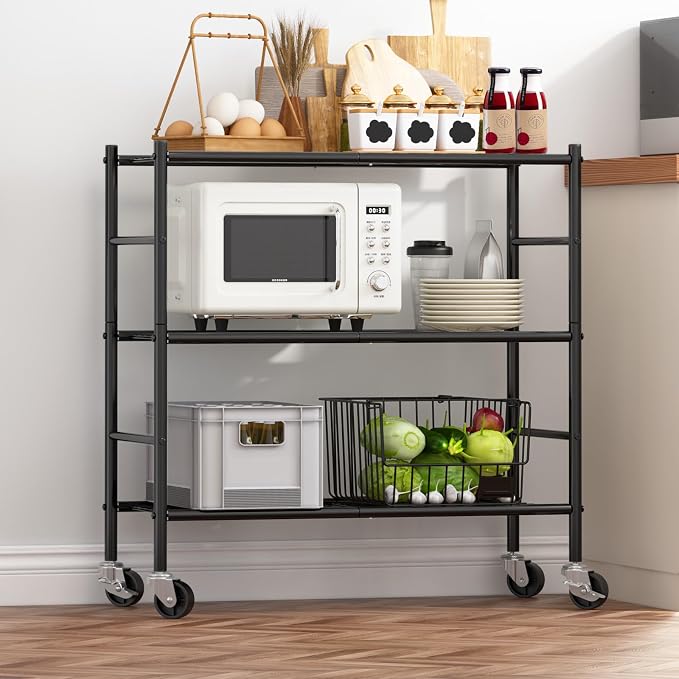 Sakugi Storage Shelves Organizer - 3 Tier Metal Shelf Organizer with Metal Wheels and Adjustable Leveling Feet, Heavy Duty Garage Shelving for Kitchen, Pantry and Closet, 33.1"x12.6"x32.5", Black - Image 2