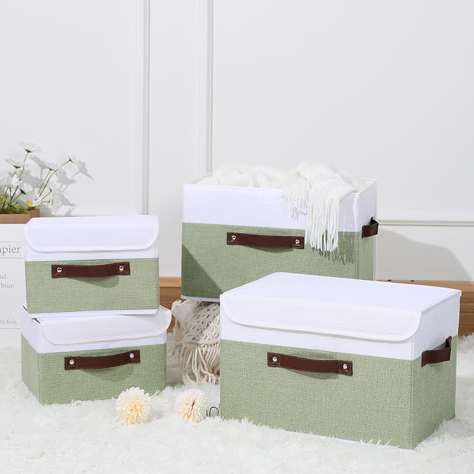 ANMINY 2PCS Storage Boxes with Lid Washable Decorative Storage Bins Basket with PU Leather Handle Foldable Linen Fabric Storage Cubes Containers for Home Closet Organizer - Green White, Small Size - Image 7