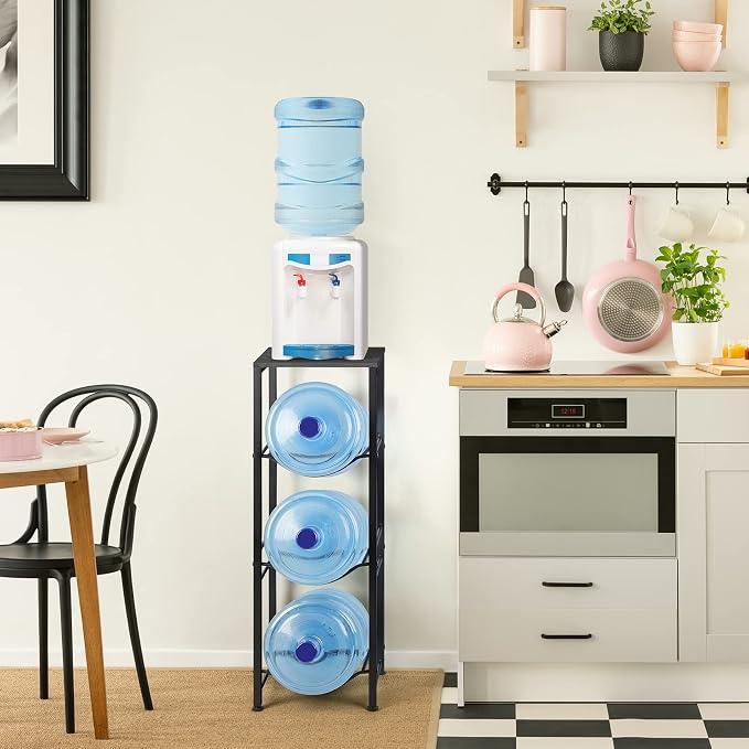 OYEAL Water Bottle Holder Organizer 5 Gallon Water Jug Stand with Shelves, 3-Tier Water Bottle Dispenser Stand for Kitchen Living Room Office, Black - Image 6